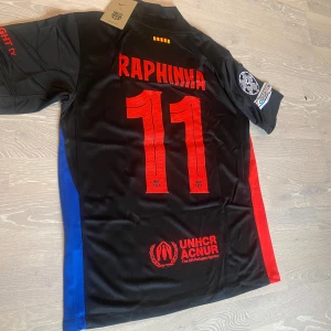 FC Barcelona Raphinha #11 Nike tröja - •Säljer en jätte fin 24-25 svart Barca T-shirt med Champions league patches och Raphina på ryggen.  •Den är inte använd bara testad, jätte bra skick och inga fläckar eller hål.  •Och det är storlek M och måtten finns på dem sista bilderna •Priset kan diskuteras och skickar inom 24 Tim 💨😊