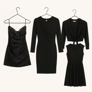 🖤 Garderobsfavoriter i svart – tre snygga klänningar till fyndpris - Tre svarta klänningar i olika stilar – perfekt för dig som vill ha ett säkert kort i garderoben oavsett tillfälle.  🖤 Kort festklänning utan axelband och vacker stenkantad urringning – figurnära och smickrande modell. 🖤 Oanvänd svart långärmad klänning från H&M (80 % återvunnen polyester) – enkel, tidlös och bekväm. 🖤 Lätt och luftig svart klänning i två delar – plisserad ärmlös klänning med tillhörande knytkofta för en mer klädd look.  🪡 Alla i mycket fint skick, endast använda enstaka gånger 