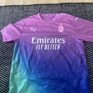 AC Milan Puma Loftus-Cheek tröja - AC Milan fotbollströja med Loftus-Cheek och nummer 8 på ryggen. Tröjan har en snygg färgövergång från rosa upptill till blått och grönt nedtill, med vita tryck och klubbmärke. Korta ärmar och tillverkad i lätt funktionsmaterial, perfekt för match eller träning.