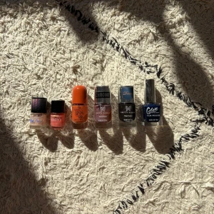 6-pack nagellack i olika färger - Säljer sex nagellack i olika färger och märken: pärlemor, korallrosa med glitter, orange gel, metallic rödbrun, svart och djupblå. Märkena är The Color Workshop, Technic, Essence, Pretty Woman och Glam of Sweden. Perfekt för dig som vill variera din nagelstil.