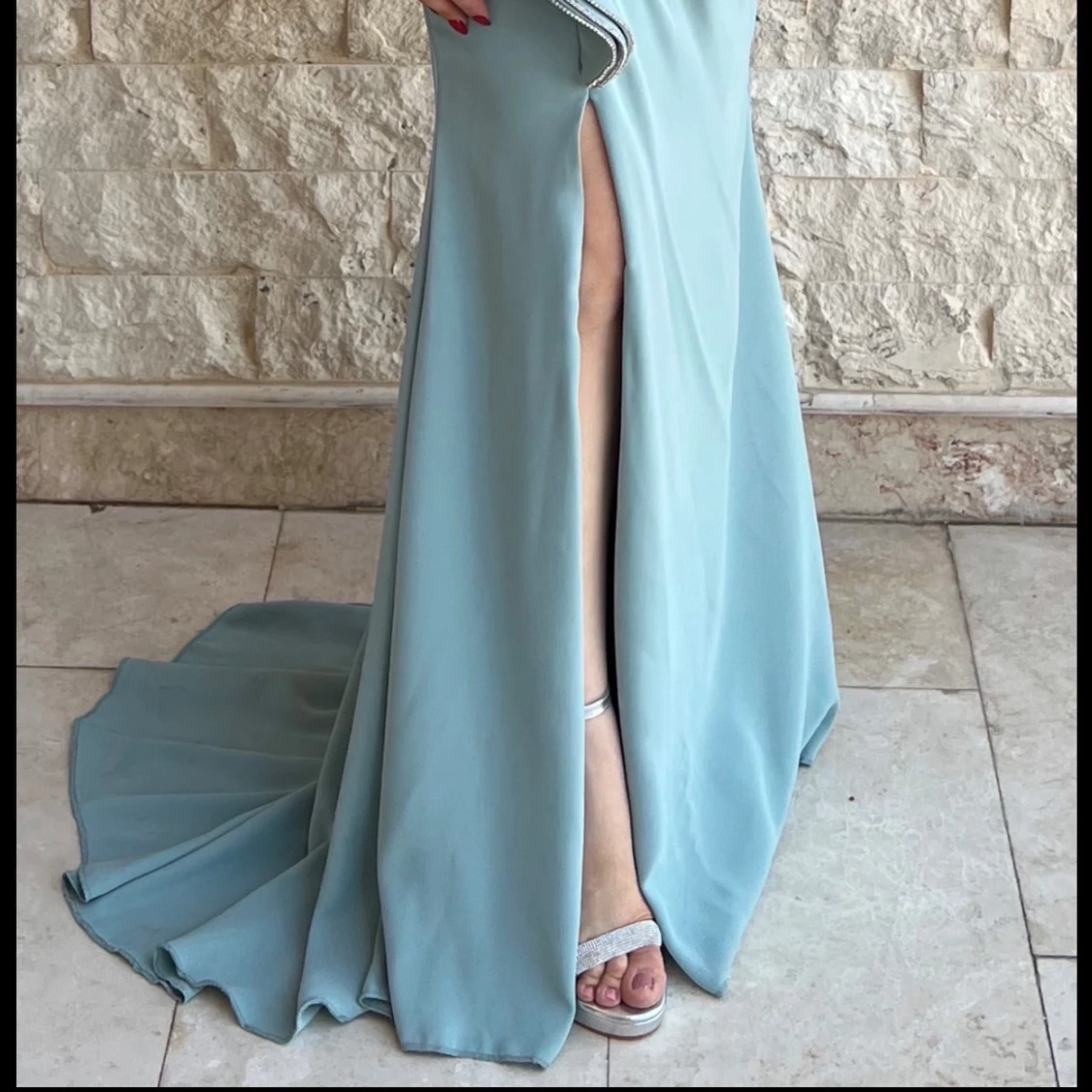 Ljusblå långklänning med volangärm - 2