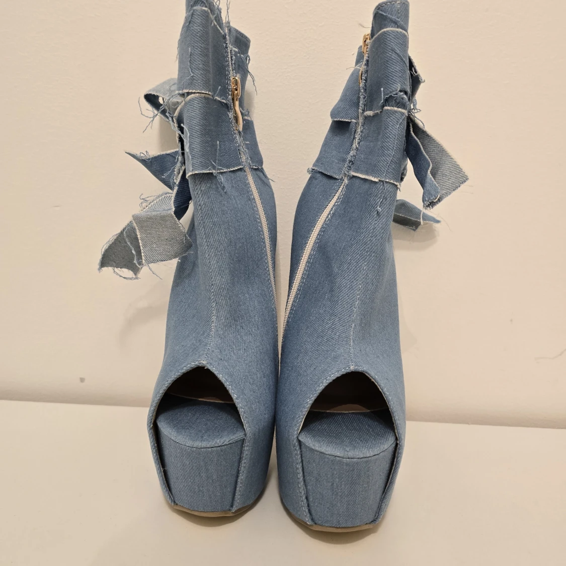 Blå denim boots med platå och rosett - 1