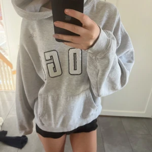 Grå hoodie med tryck - Säljer en grå hoodie med stor text på framsidan. Den har en klassisk känguruficka och en bekväm passform. Perfekt för en avslappnad stil. Hör av dig vid intresse!