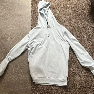 Ljusblå hoodie med tryck - Säljer en ljusblå hoodie med ett enkelt tryck av ett ansikte med kryssade ögon på bröstet. Tröjan har en klassisk huva och långa ärmar, perfekt för en avslappnad stil. Passar bra till både jeans och joggers.