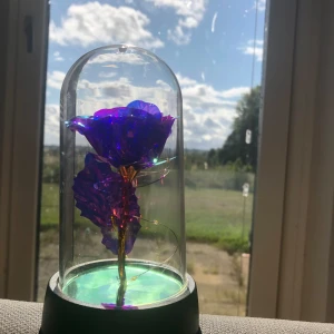 Glittrig konstros i glaskupa - Säljer en magisk konstros i glaskupa med glittriga lila och blå toner. Stjälken är gyllene och botten har en skimrande grön färg. Perfekt som dekoration eller present till någon du gillar. Rosens blad och kronblad har en holografisk effekt som skiftar i ljuset.