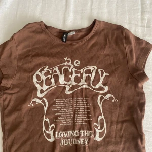 Brun t-shirt med tryck från H&M Divided - Lite kortare brun T-shirt från H&M Divided i storlek XS med vitt tryck på framsidan där det står 'Be Peaceful' och 'Loving the Journey' i retrostil. Nästan aldrig andvänd