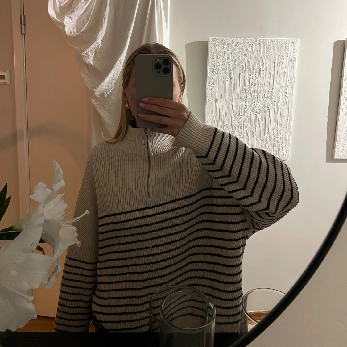 Randig stickad half zip-tröja - 1