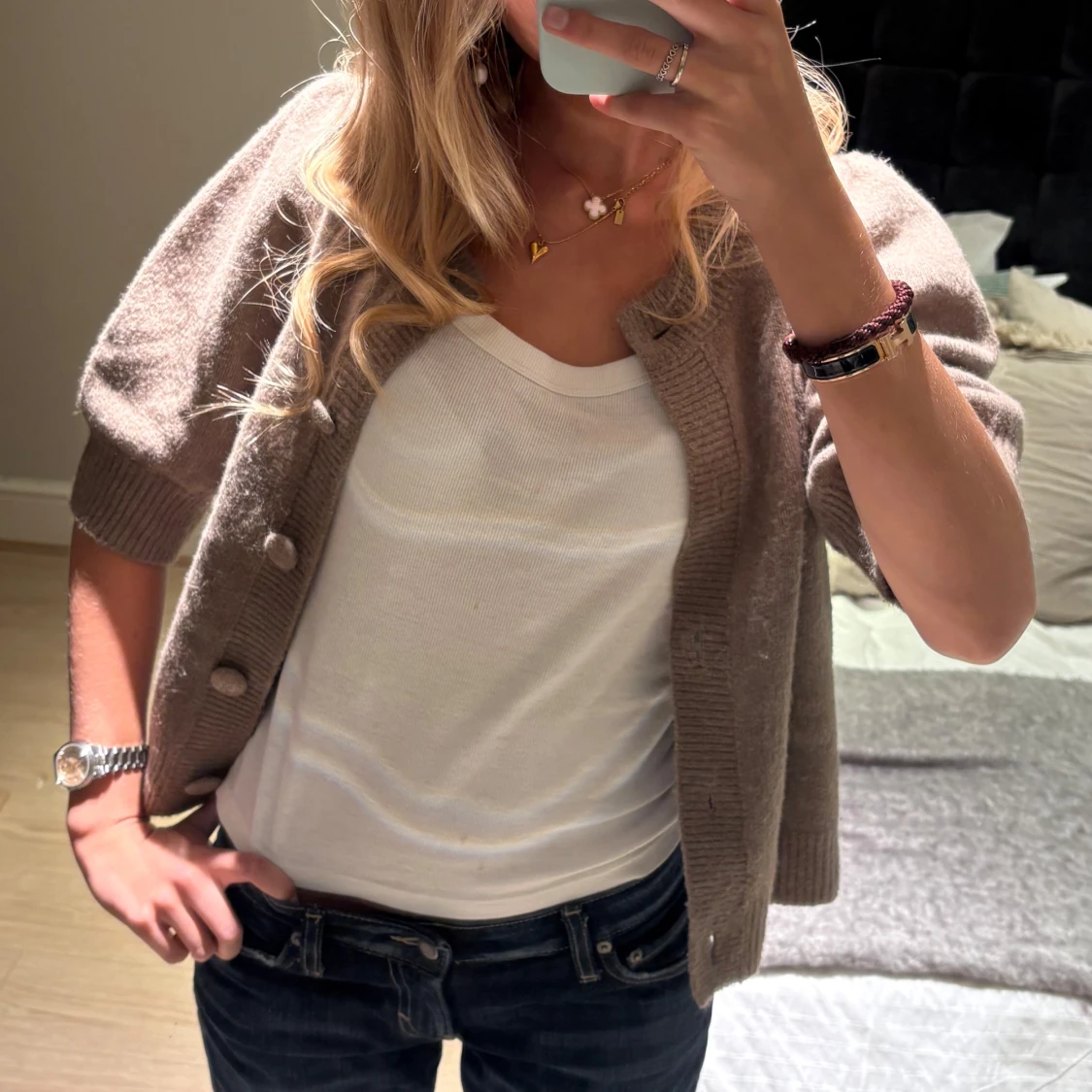 Neo Noir Beige stickad kofta med kort ärm - 1