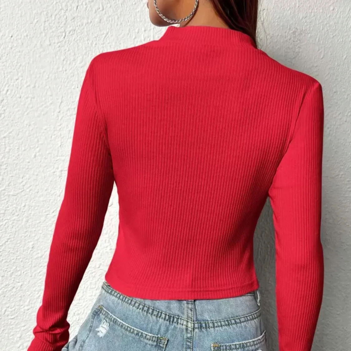 Röd ribbad croppad långärmad topp - 1