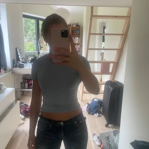 Glittrig silver topp med öppen rygg - Säljer en glittrig silverfärgad topp med tight passform och korta ärmar. Toppen har en öppen rygg. Materialet är stretchigt och passar därför fler storlekar. Den är i storlek 158/164 men passar Xxs-S