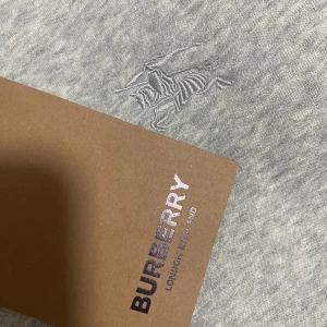 Grå huvtröja från Burberry - Säljer en stilren grå huvtröja från Burberry med dragkedja och klassiskt rutigt foder i huvan. Tröjan har en broderad logotyp på bröstet och stora fickor framtill. Perfekt för en avslappnad och trendig look. (Priset kan diskuteras)