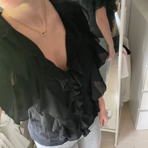 Svart volangblus från Kappahl - Supersnygg svart blus från Kappahl med v-ringning och massor av volanger framtill och längs ärmarna. Priset går att diskutera💕