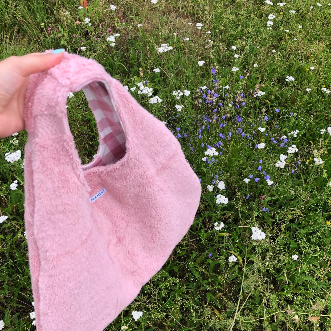 Handsydd större rosa frotté väska /tygpåse