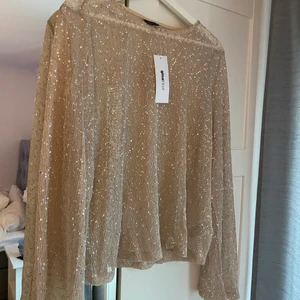Glittrig topp - Beige glittrig genomskinlig topp från ginatricot. Aldrig använd!! Storleken är XL men jag är en S/M och den sitter fint på mig. Den ska nog vara tajt men sitter nu lite slappt på mig❤️❤️