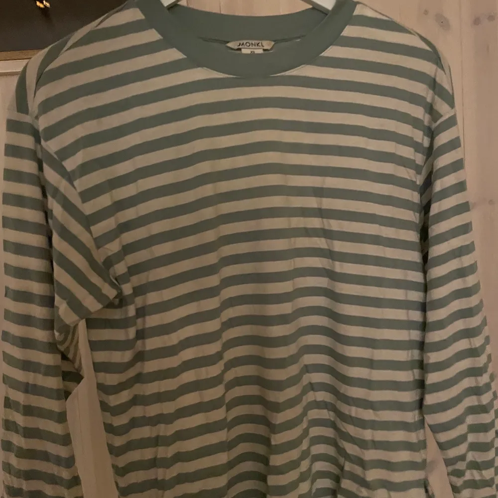 En randig tröja från Monki som jag inte längre använder så mycket. Det är inte exakt samma färg som på första bilden. Färgen som jag har är lite mörkare och mer åt det turkosa hållet (se på de två andra bilderna) och den finns inte längre kvar att köpa på hemsidan.💖💕. Tröjor & Koftor.