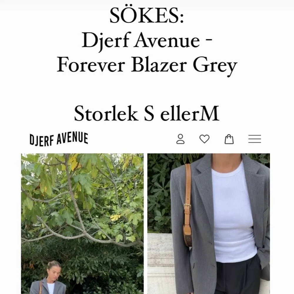 Hej! Jag söker efter Forever Blazer Grey från Djerf Avenue. Jag är en storlek S så jag söker främst efter en Small eller Medium. Håller tummarna! 🤞🏼. Jackor.