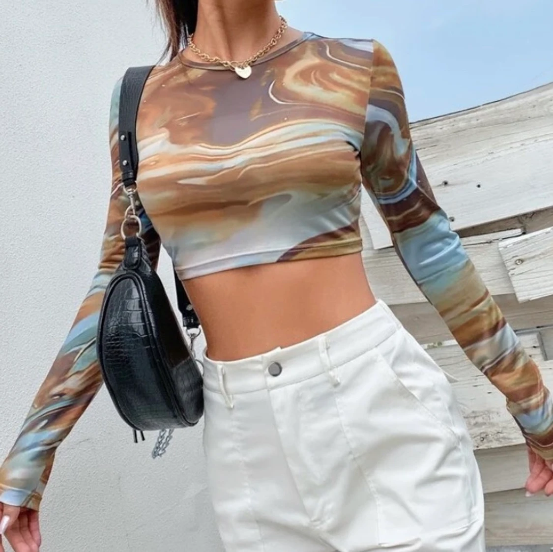 Marble Brun Blå Crop top tröja