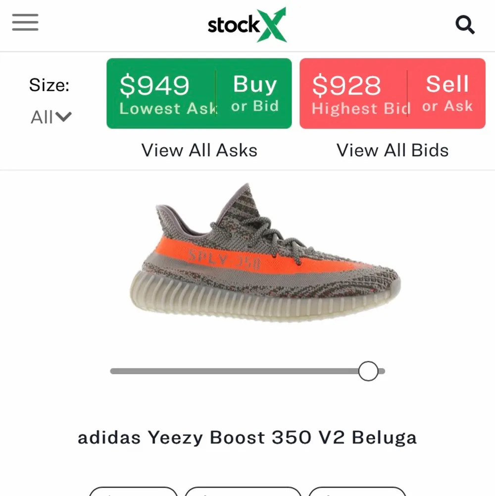 Yeezy 350 v2 baluga 1.0, skick 9/10, storlek 42 2/3, det säljs på stock X för 8000kr orginal box och kvitto från plugmepleas medföljer💫 Frakt betalas av köparen😊. Skor.