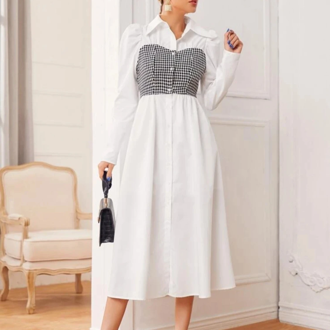 Hundtandsmönster elegant klänning s: M