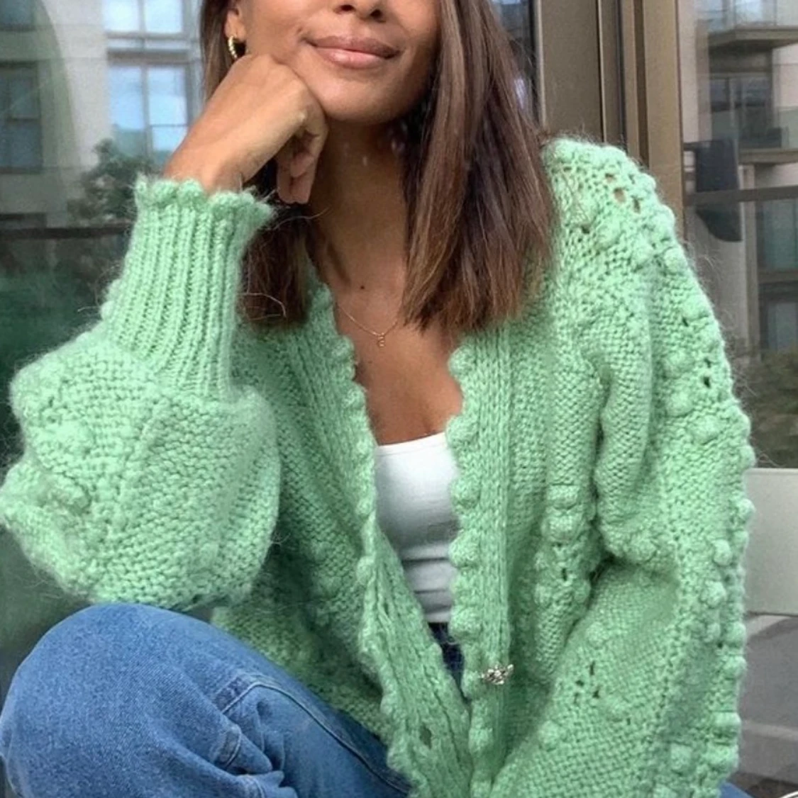 Grön stickad kofta - 90