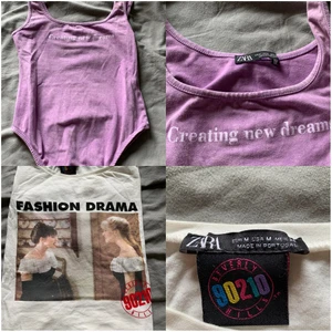 Toppar i stl S&M💜🌟 - Bild 1- lila body storlek S ifrån zara, 90210 T-shirt ifrån zara stl M. Bild 2- svart T-shirt ifrån zara stl S, beige stickat linne ifrån zara stl S, svart linne ifrån Filippa k stl S. Allt är i fint skick! Säljs för 25kr st + frakt eller allihopa för 150+frakt som köparen står för🌸🧡💜 kan skickas som spårbar också för 66kr