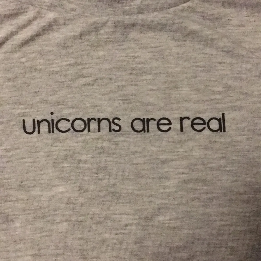 en grå t-shirt från H&M med trycket ”unicorns are real”, den är i storlek S och knappt använd. i ett väldigt mjukt material ✨🦄 köparen står för frakt !. T-paidat.