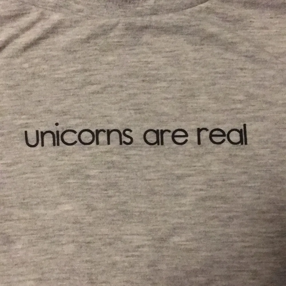en grå t-shirt från H&M med trycket ”unicorns are real”, den är i storlek S och knappt använd. i ett väldigt mjukt material ✨🦄 köparen står för frakt !. T-shirts.