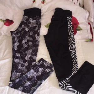  - Två par träningstights i st S, de till vänster är kanske 1 månad gamla de andra 3 månader. De är använda ca 2 ggr vardera.högra har bakficka. 80kr styck eller 120kr för båda. 