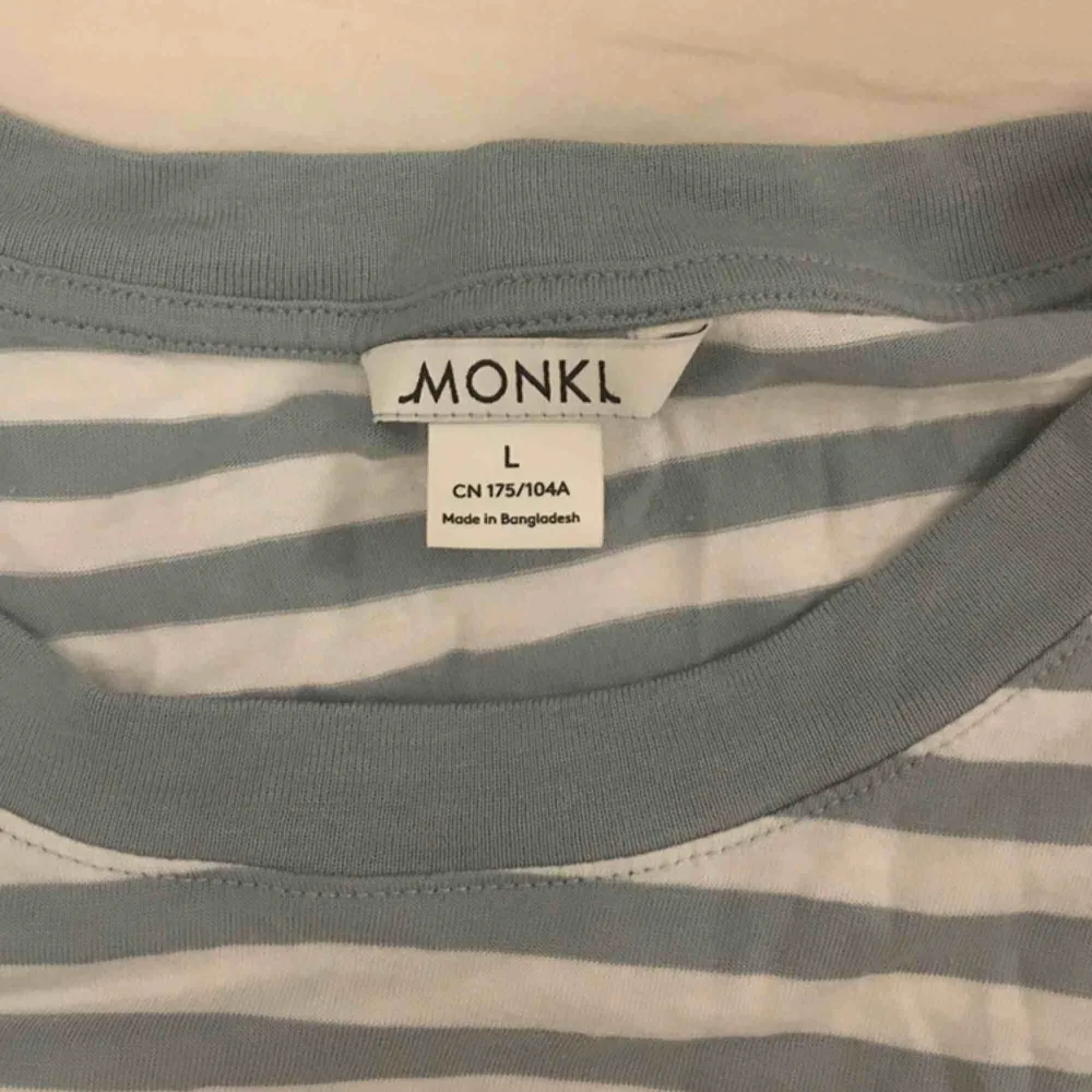 Nästan helt ny tröja från Monki. Långärmad med turkosa ränder, kragen är också turkos. Använd ca 2 gånger så i perfekt skick. Passar S-L då den är ganska liten i storleken🌼. T-shirts.