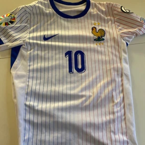 Fotboll kit med nummer 10 på tröjan - Säljer en vit kortärmad fotbollströja från Nike med blå och röda ränder. Tröjan har nummer 10 på både fram- och baksidan samt ett emblem med en tupp. Det finns även UEFA Foundation-märke på ärmen. Perfekt för fotbollsfans!