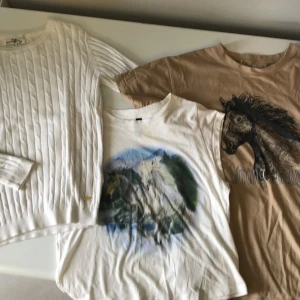 Två fina rid/häst tröjor  - Vit långärmad ribbstickad tröja från Hampton Republik storlek 134-140,  Vit kortärmad med hästmotiv från H&M storlek S, beige kortärmad med hästmotiv är såld . Båda för 180:- 