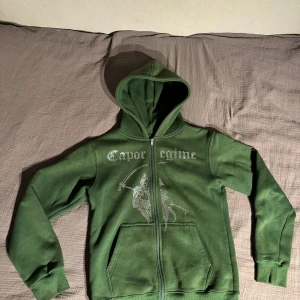  Cosa Nostra  - Säljer en grön rhinenestone-hoodie från Cosa Nostra Stockholm i storlek XS. Den har en cool design med texten 'Caporégime' och en bild av en figur med lie på framsidan. Perfekt för höst och vinter med sin mysiga känsla och praktiska dragkedja. Huvan ger extra värme och stil. 🧥🍂nypris kring 800-900 kronor, passar ungdomar mellan 13-15 år