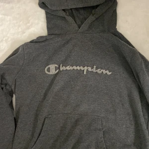 Grå hoodie från Champion - Säljer en grå hoodie från Champion i  bra skick. Den har en klassisk design med Champion-loggan broderad på bröstet och en stor ficka framtill. Perfekt för höst och vinter, supermysig och stilren! Står att storleken är xxl men skulle säga att det är mer en M. Sitter lite oversized på mig som bär S