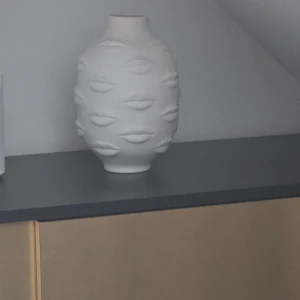 Vit dekorativ vas med läppmotiv - Säljer en unik vit vas med ett coolt läppmotiv som sticker ut i relief. Vasen har en modern och stilren design, perfekt för att ge ditt rum en konstnärlig touch. Den är hög och rundad, vilket gör den idealisk för både blommor och som en fristående dekoration. Passar perfekt i ett modernt hem!