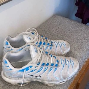 Nike TN sneakers i vitt och blått - Säljer ett par Nike Tn sneakers i vitt med blå detaljer. Skorna har en klassisk design med snörning och den ikoniska Nike-loggan på sidan. Perfekta för en sportig look.