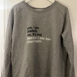 Grå sweatshirt med tryck - Säljer en grå sweatshirt med ett tryck på framsidan som säger 'yes, i am diabetic. no, it is not because i ate too much sugar'. Endast testad. Rök och djurfritt hem!