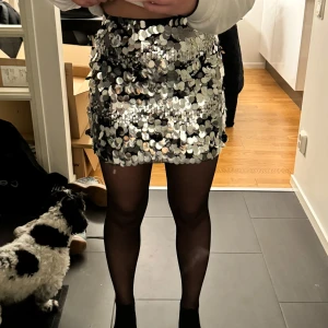 Glittrig paljettkjol - Säljer en superglittrig kortkjol täckt med silverfärgade paljetter. Perfekt för nyårsfesten eller en utekväll när du vill glänsa! Kjolen har en tight passform och är i mycket bra skick. Den är både snygg och bekväm att bära. Passar perfekt med en enkel topp och klackar. Nypris: 499/599kr kommer inte riktigt ihåg