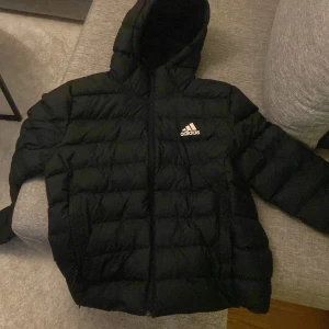 Svart dunjacka från Adidas - Säljer en svart dunjacka från Adidas i storlek L. Jackan har en mysig huva och är perfekt för kyliga dagar. Den är i mycket bra skick och har en dragkedja framtill. Perfekt för både höst och vinter!
