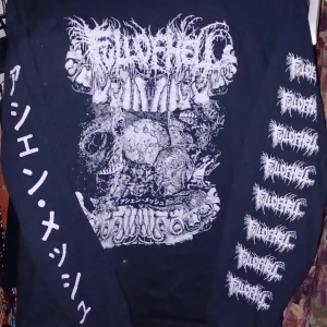 Svart långärmad Full of hell tröja - Cool svart långärmad t-shirt med ett stort, detaljerat tryck i vitt på framsidan och ärmarna. Perfekt för dig som gillar en edgy stil. Text och grafik ger en unik look. Passar bra till både vardags och konsert. Ganska bra ai beskrivning faktiskt😎