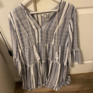 Randig klänning från Indiska - Säljer en randig klänning från Indiska i blått och vitt. Klänningen har en v-ringad hals och trekvartsärmar med volangdetaljer. Perfekt för en avslappnad stil. Klänningen är helt oanvänd med plasten kvar på tussarna som sitter på snöret 