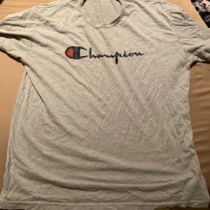Grå t-shirt från Champion - Säljer en grå t-shirt från Champion med deras ikoniska logga i svart och rött på bröstet. Perfekt för en avslappnad stil.