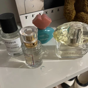 Parfymsamling med olika märken - En samling av parfymer med olika märken och unika flaskdesigner. Inkluderar en flaska med rosa läppformad kork, en fyrkantig flaska med gulddetaljer, och en elegant flaska från Versace med genomskinlig och gul design. Perfekt för den som älskar att variera sina dofter.