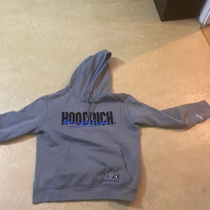 Grå hoodie från Hoodrich - Säljer en grå hoodie från Hoodrich med blå detaljer och tryck både fram och bak. Den har en klassisk känguruficka och justerbar huva. Perfekt för en avslappnad stil.