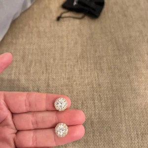 Guldiga örhängen med silvriga stenar - Säljer ett par guldiga örhängen med silvriga stenar. Jättefina och simpla. Aldrig använda💞