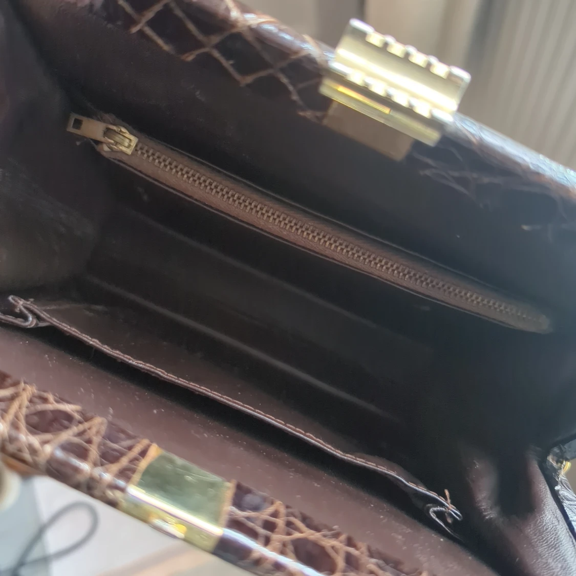 Retro ca 1950 skinn krokodilpräglad handväska - 3