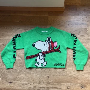 Grön stickad tröja med Snoopy från H&M - Säljer en grön stickad tröja från H&M med ett stort motiv av Snoopy på framsidan. Tröjan har långa ärmar med texten 'PEANUTS' och 'SNOOPY' i svart på ärmarna. Perfekt för alla Peanuts-fans! 100% Akryl.🐶
