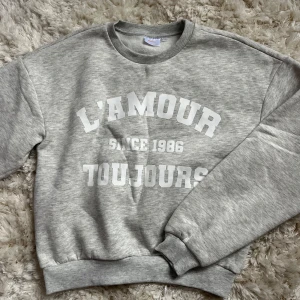 Grå sweatshirt från Gina Young  - Säljer en grå sweatshirt från Gina Tricot med texten 'L'AMOUR TOUJOURS' tryckt i vitt.