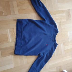 Blå tröja från Ralph Lauren - Säljer en stilren blå tröja från Ralph Lauren med en liten röd logotyp på bröstet. Tröjan har långa ärmar och en rund halsringning. Perfekt för en avslappnad och snygg look. 