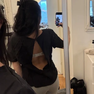 Svart kortärmad topp med öppen rygg - Säljer en svart topp med korta ärmar och en elegant öppen rygg. Toppen har en knappdetalj i nacken. Kommer självklart stryka den innan jag skickar den !