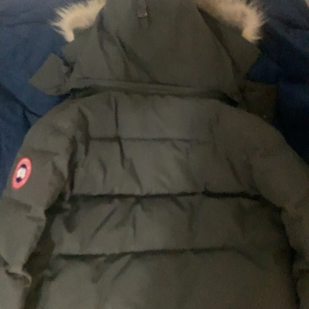 Säljer en grå dunjacka från Canada Goose med pälsdetaljer på huvan. Jackan är perfekt för kalla vinterdagar och har en klassisk design med både dragkedja och knappar. Den är i mycket bra skick och redo för nya äventyr!, Den har ett litet hål inne vid armen man ser det på bilden!. Jackor.